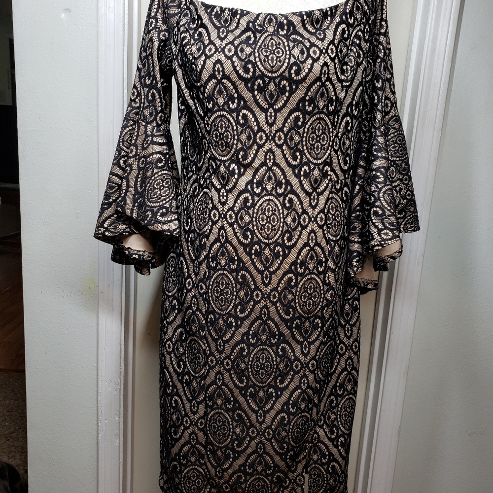 VENUS lace over nude off shoulder dress